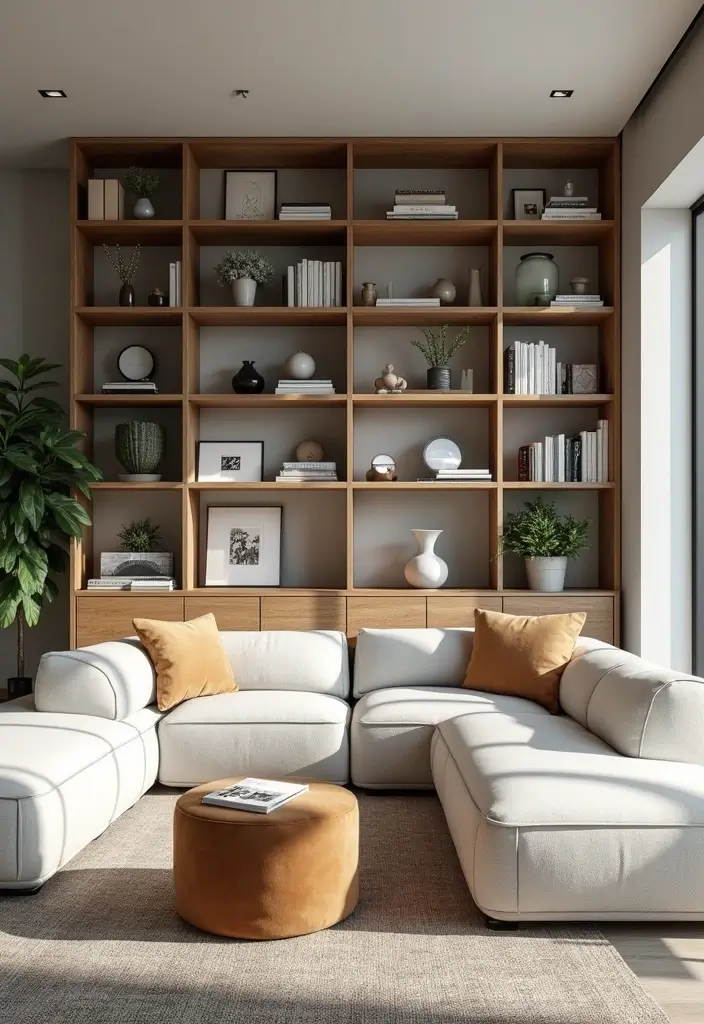 30 Curved Sofa Living Room Ideas That Add Flow and Modern Elegance 24 30 Curved Sofa Living Room Ideas That Add Flow and Modern Elegance - 24. Stylish Shelving with Curved Sofas