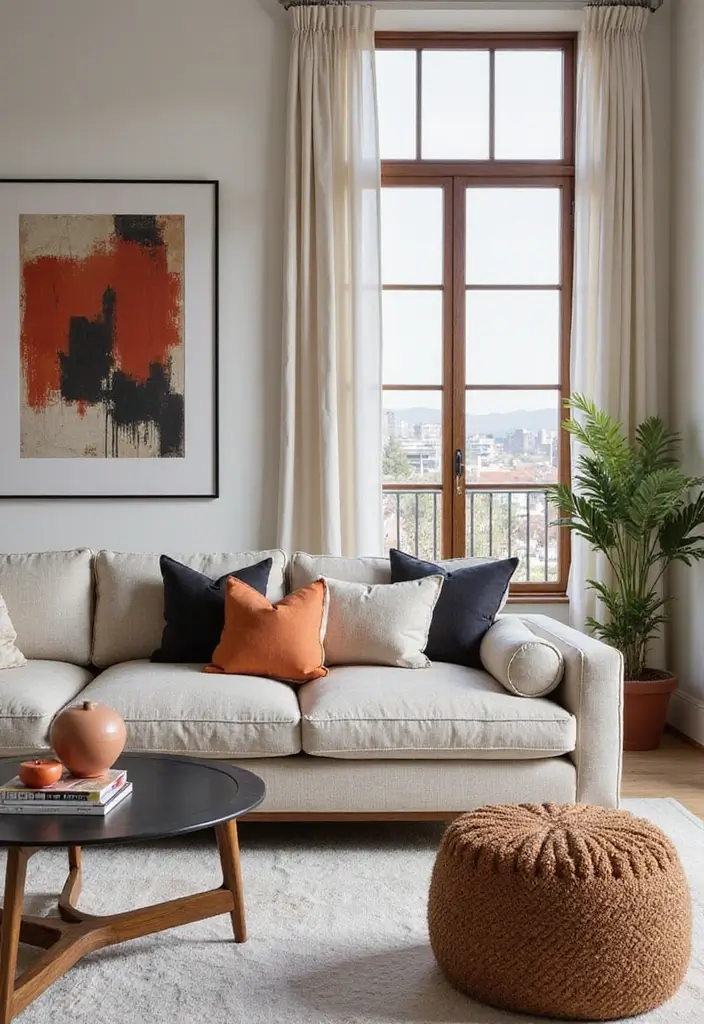 30 Curved Sofa Living Room Ideas That Add Flow and Modern Elegance 29 30 Curved Sofa Living Room Ideas That Add Flow and Modern Elegance - 29. Bold Accents with a Neutral Palette