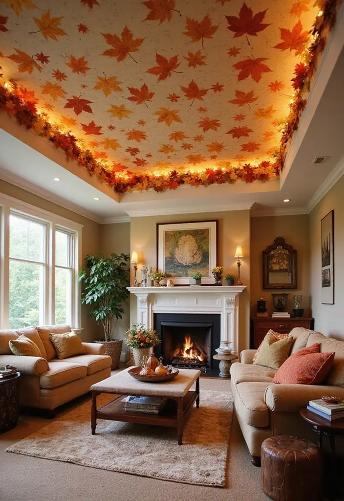 30 Fall Ceiling Designs for Living Room That Add Seasonal Warmth 19 30 Fall Ceiling Designs for Living Room That Add Seasonal Warmth - 19. Ceiling with Leaves Motif