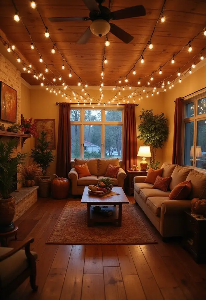 30 Fall Ceiling Designs for Living Room That Add Seasonal Warmth 20 30 Fall Ceiling Designs for Living Room That Add Seasonal Warmth - 20. Ceiling with String Lights