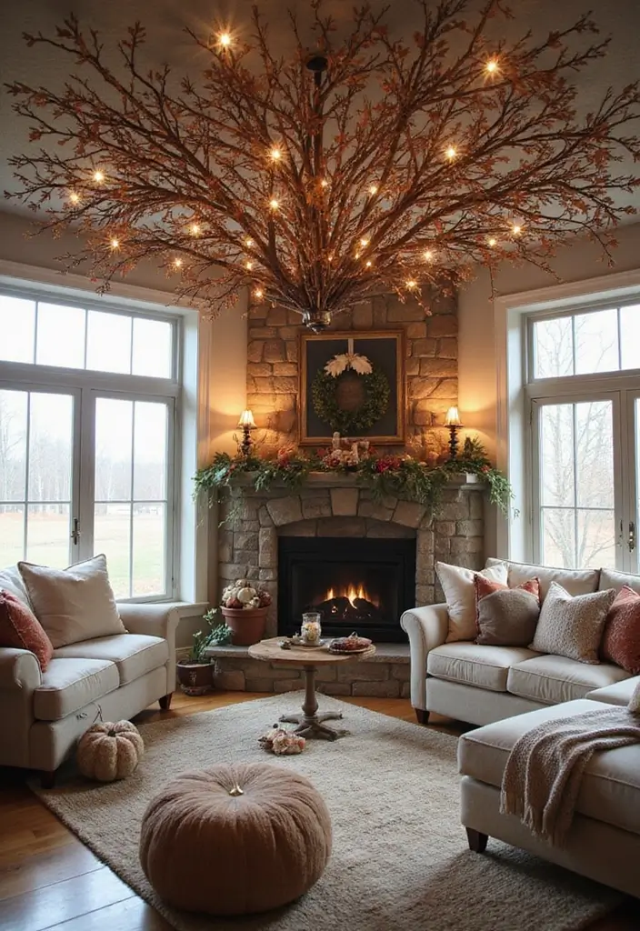 30 Fall Ceiling Designs for Living Room That Add Seasonal Warmth 22 30 Fall Ceiling Designs for Living Room That Add Seasonal Warmth - 22. Ceiling with Natural Branches