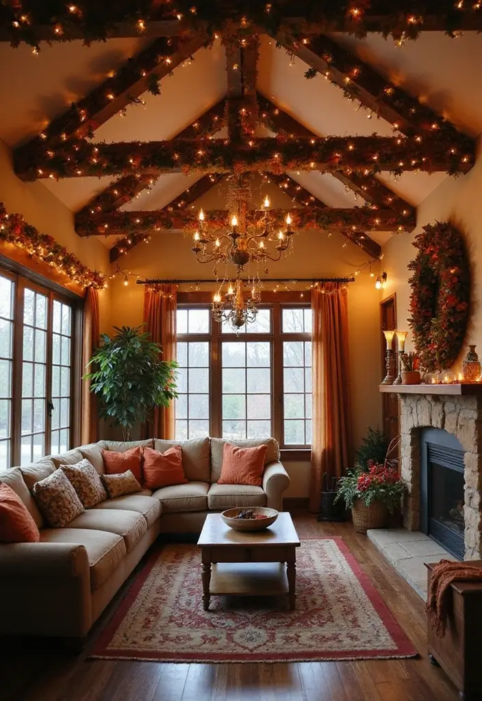 30 Fall Ceiling Designs for Living Room That Add Seasonal Warmth 30 30 Fall Ceiling Designs for Living Room That Add Seasonal Warmth - 30. Ceiling with Seasonal Decor