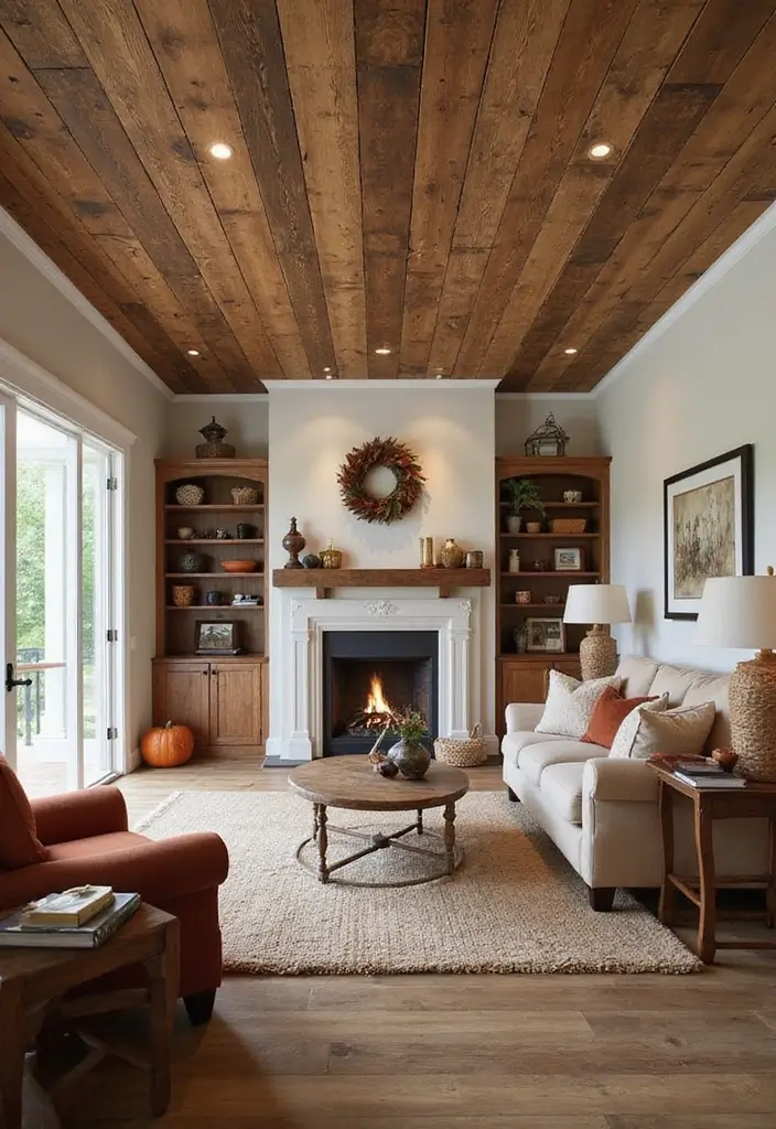 30 Fall Ceiling Designs for Living Room That Add Seasonal Warmth 4 30 Fall Ceiling Designs for Living Room That Add Seasonal Warmth - 4. Rustic Plank Ceiling