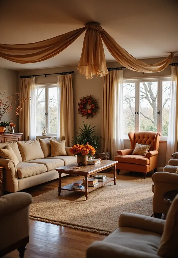 30 Fall Ceiling Designs for Living Room That Add Seasonal Warmth 5 30 Fall Ceiling Designs for Living Room That Add Seasonal Warmth - 5. Fabric Draped Ceiling