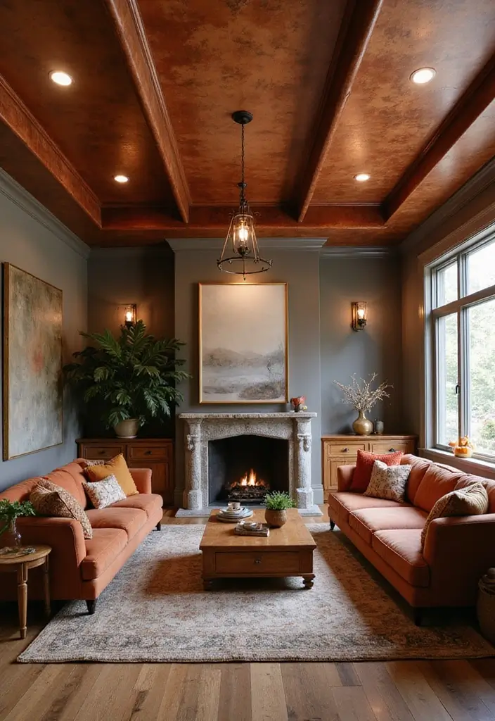 30 Fall Ceiling Designs for Living Room That Add Seasonal Warmth 8 30 Fall Ceiling Designs for Living Room That Add Seasonal Warmth - 8. Copper Ceiling Accents