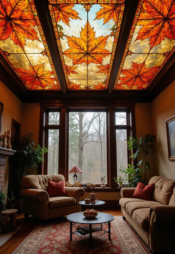 30 Fall Ceiling Designs for Living Room That Add Seasonal Warmth 9 30 Fall Ceiling Designs for Living Room That Add Seasonal Warmth - 9. Faux Stained Glass Panels