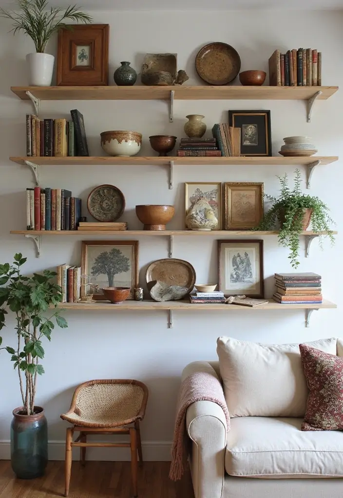 30 Farmhouse Decor Living Room Ideas Full of Rustic Charm and Comfort - 10. Open Shelving Displays