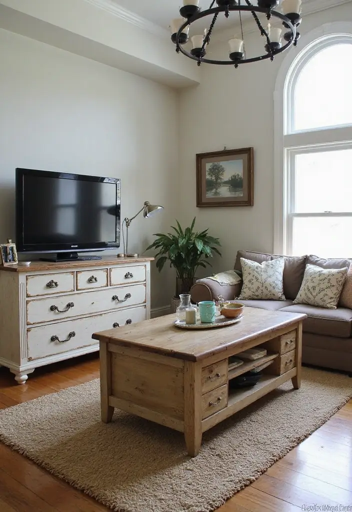 30 Farmhouse Decor Living Room Ideas Full of Rustic Charm and Comfort - 18. Repurposed Furniture