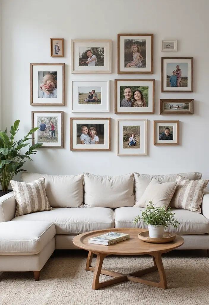 30 Farmhouse Decor Living Room Ideas Full of Rustic Charm and Comfort - 25. Personalized Gallery Walls