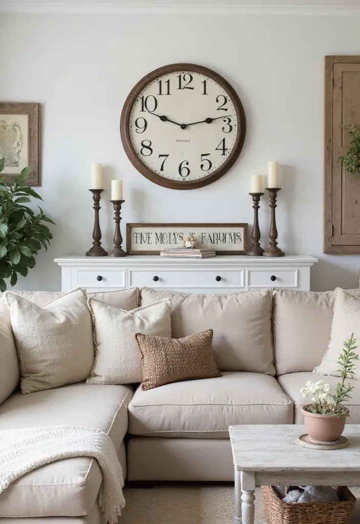 30 Farmhouse Decor Living Room Ideas Full of Rustic Charm and Comfort - 26. Timeless Farmhouse Accents