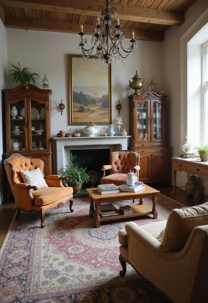 30 Farmhouse Decor Living Room Ideas Full of Rustic Charm and Comfort - 29. Vintage Finds