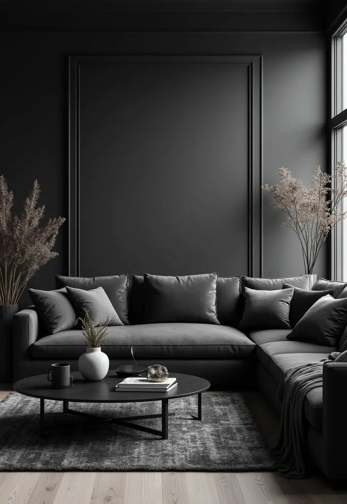 30 Grey Living Room Ideas That Balance Style, Comfort, and Modern Elegance - 27. Grey and Black for Drama