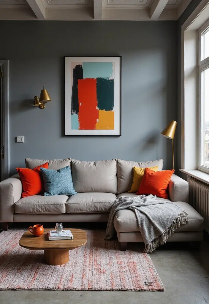 30 Grey Living Room Ideas That Balance Style, Comfort, and Modern Elegance - 29. Grey with a Pop of Color