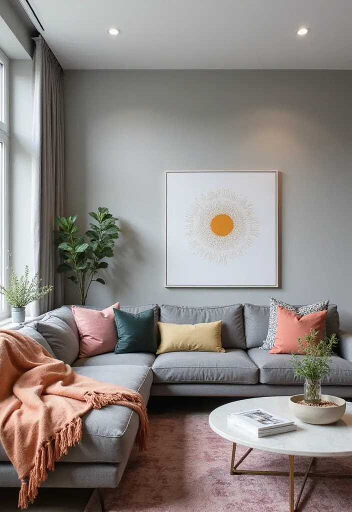 30 Grey Living Room Ideas That Balance Style, Comfort, and Modern Elegance - 3. Soft Grey with Bold Accents