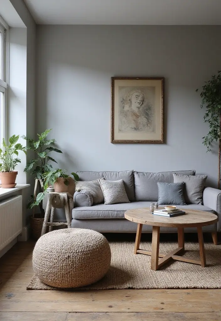 30 Grey Living Room Ideas That Balance Style, Comfort, and Modern Elegance - 9. Grey with Rustic Accents