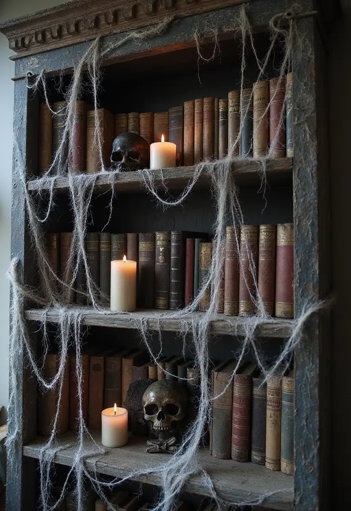 30 Halloween Living Room Decor Ideas That Are Spooky and Stylish 11 30 Halloween Living Room Decor Ideas That Are Spooky and Stylish - 11. Cobweb-Covered Bookshelves