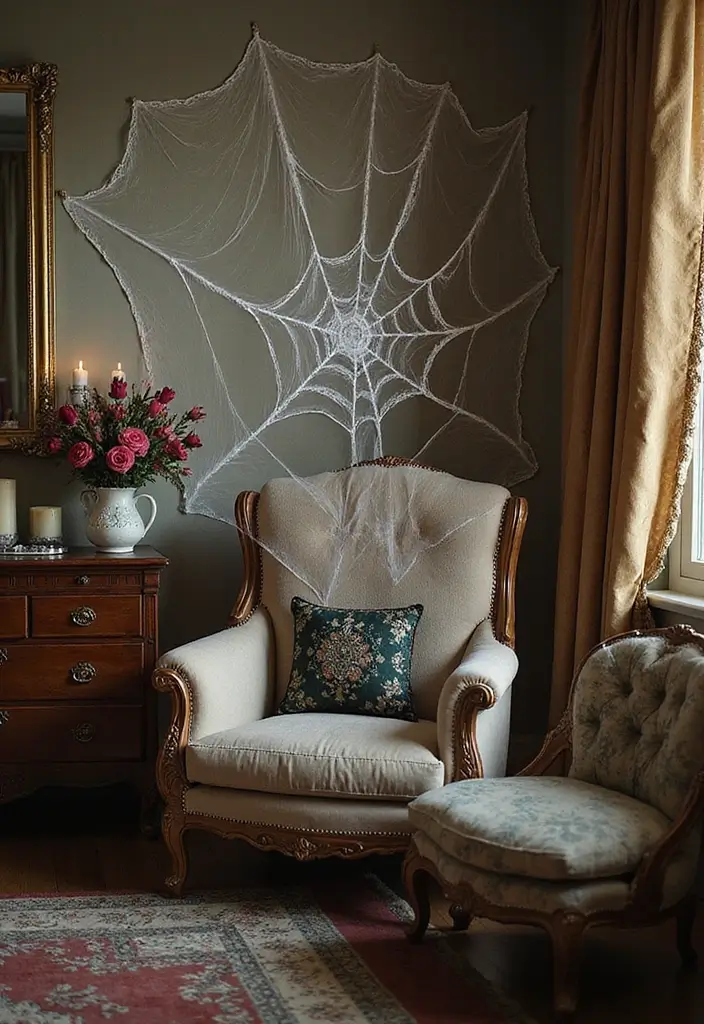30 Halloween Living Room Decor Ideas That Are Spooky and Stylish 18 30 Halloween Living Room Decor Ideas That Are Spooky and Stylish - 18. Elegant Spiderweb Accents