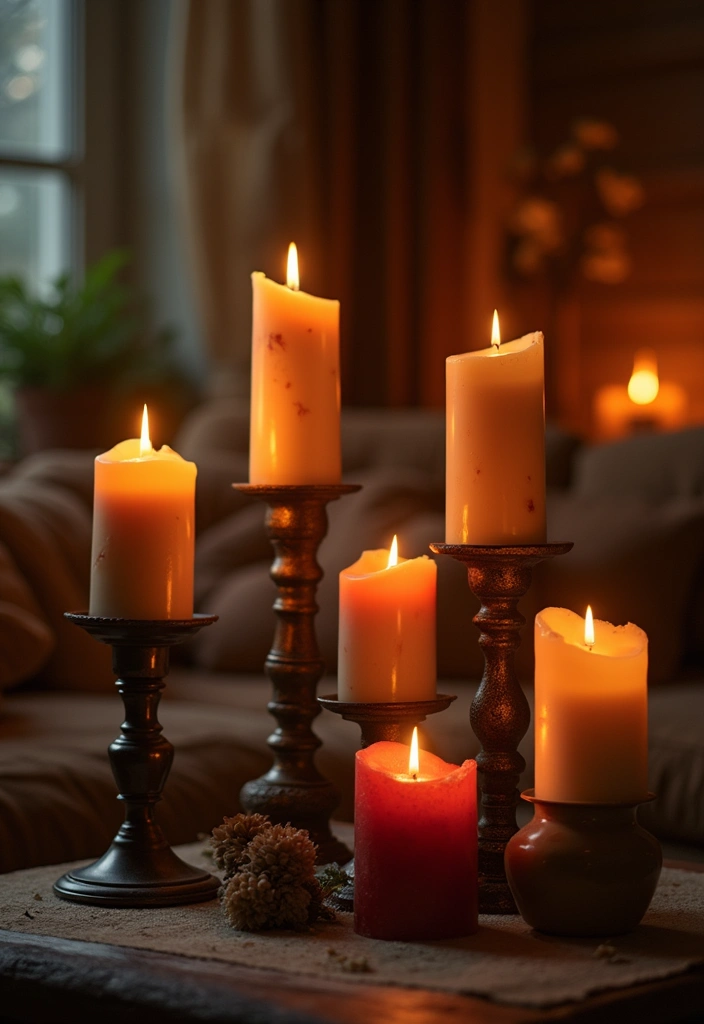30 Halloween Living Room Decor Ideas That Are Spooky and Stylish 2 30 Halloween Living Room Decor Ideas That Are Spooky and Stylish - 2. Eerie Candle Displays