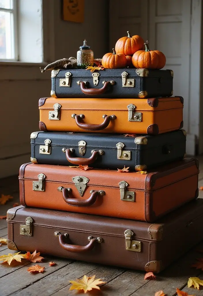 30 Halloween Living Room Decor Ideas That Are Spooky and Stylish 23 30 Halloween Living Room Decor Ideas That Are Spooky and Stylish - 23. Vintage Suitcases with Halloween Flair