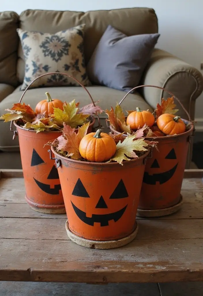30 Halloween Living Room Decor Ideas That Are Spooky and Stylish 6 30 Halloween Living Room Decor Ideas That Are Spooky and Stylish - 6. Antique Trick or Treat Buckets