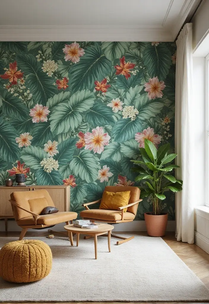 30 Living Room Wallpaper Ideas That Transform Walls Into Stylish Statements - 1. Botanical Bliss: Nature-Inspired Patterns