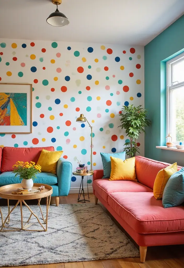 30 Living Room Wallpaper Ideas That Transform Walls Into Stylish Statements - 16. Playful Polka Dots: Cheerful Vibes
