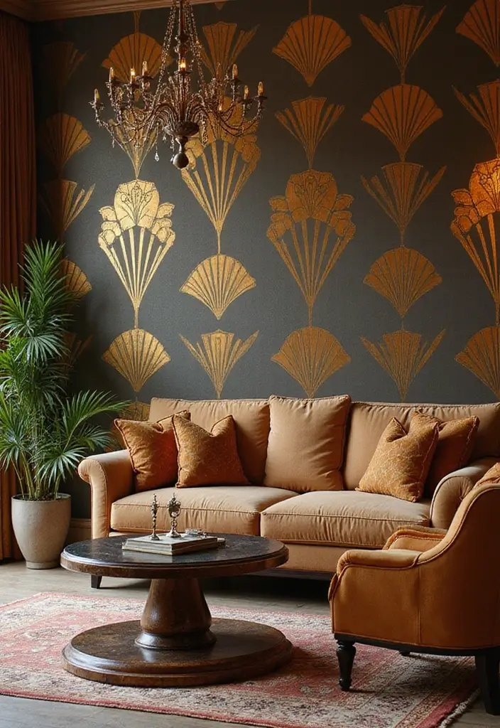 30 Living Room Wallpaper Ideas That Transform Walls Into Stylish Statements - 19. Art Deco Glamour: Luxurious Touch