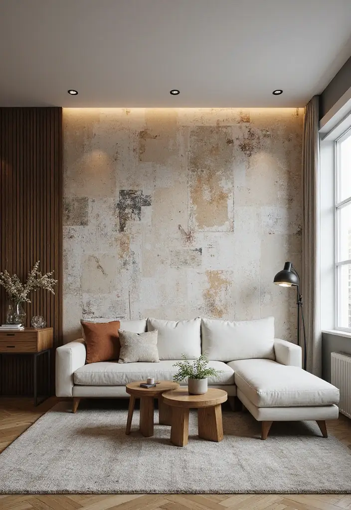 30 Living Room Wallpaper Ideas That Transform Walls Into Stylish Statements - 23. Artistic Textures: Mixed Media Designs
