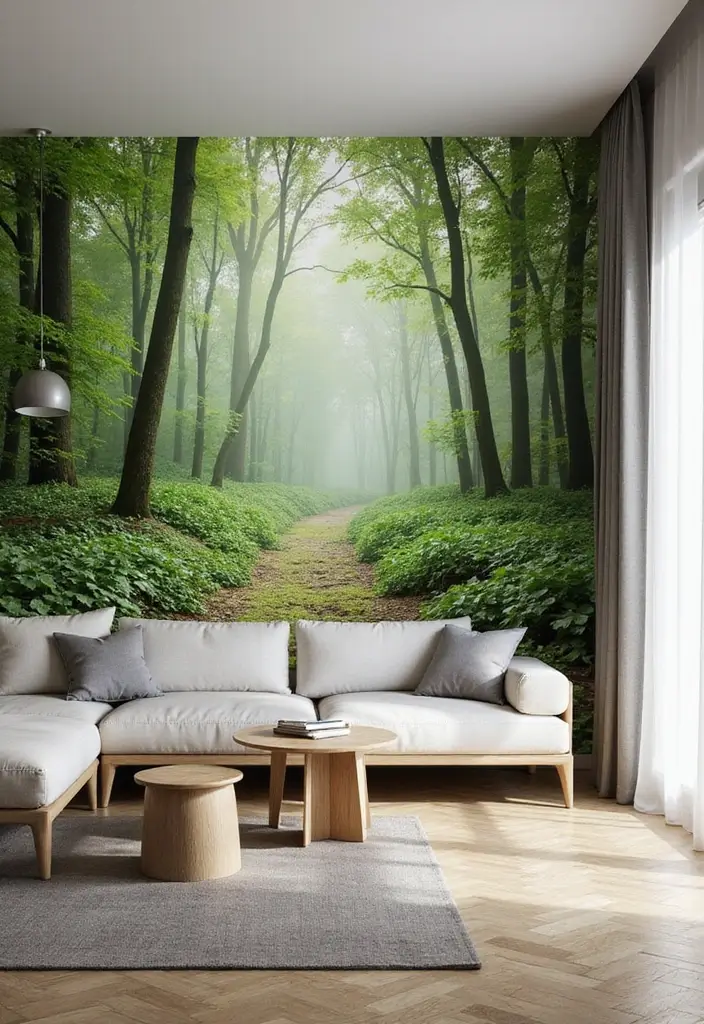 30 Living Room Wallpaper Ideas That Transform Walls Into Stylish Statements - 27. Nature Murals: Expansive Views