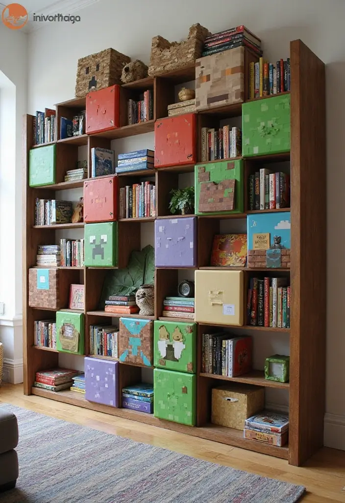 30 Minecraft Living Room Ideas to Build Cozy and Creative Spaces 16 30 Minecraft Living Room Ideas to Build Cozy and Creative Spaces - 16. Gaming-Themed Bookshelves