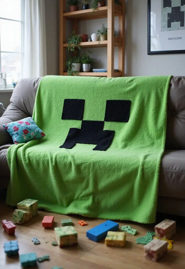 30 Minecraft Living Room Ideas to Build Cozy and Creative Spaces 3 30 Minecraft Living Room Ideas to Build Cozy and Creative Spaces - 3. Creeper-inspired Throw Blankets