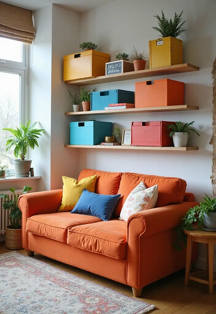 30 Smart Living Room Storage Ideas to Maximize Space and Style 17 30 Smart Living Room Storage Ideas to Maximize Space and Style - 17. Colorful Storage Boxes