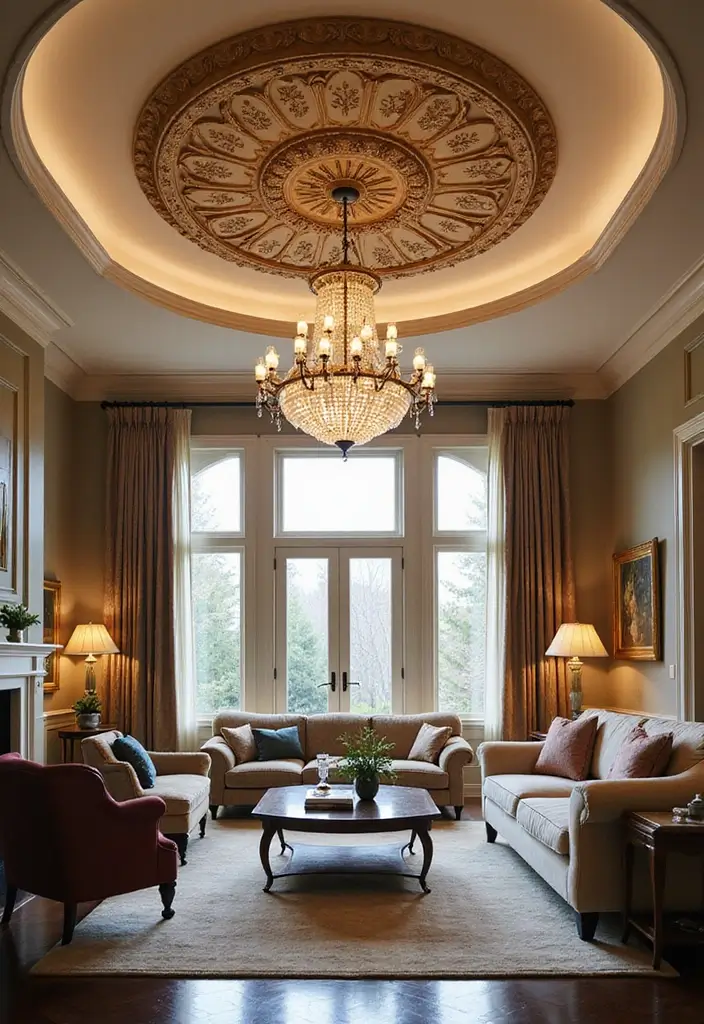 30 Wall Molding Living Room Ideas That Add Depth and Timeless Elegance 7 30 Wall Molding Living Room Ideas That Add Depth and Timeless Elegance - 7. Intricate Ceiling Medallions