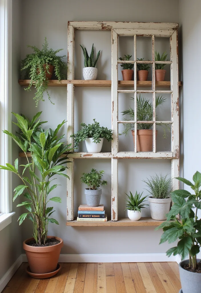 10 Old Window Wall Decor Ideas for Rustic Vintage Charm - 2. Window Frame Shelves