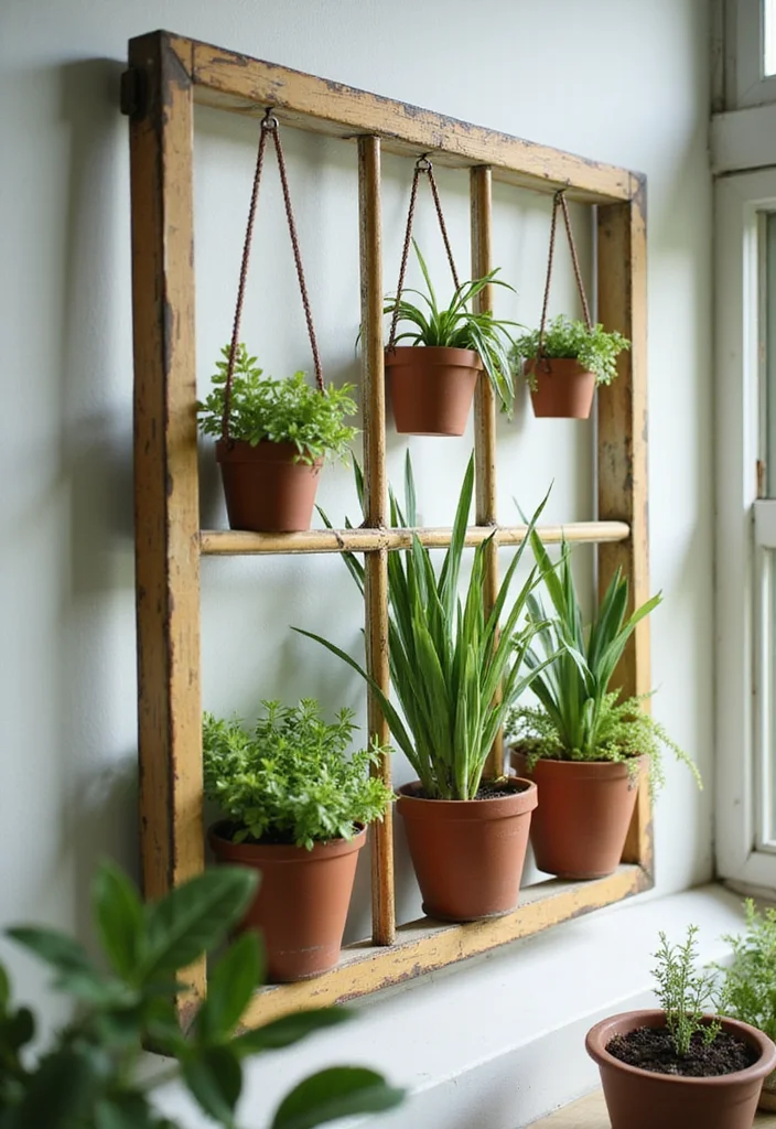 10 Old Window Wall Decor Ideas for Rustic Vintage Charm - 5. Plant Hanger Frame