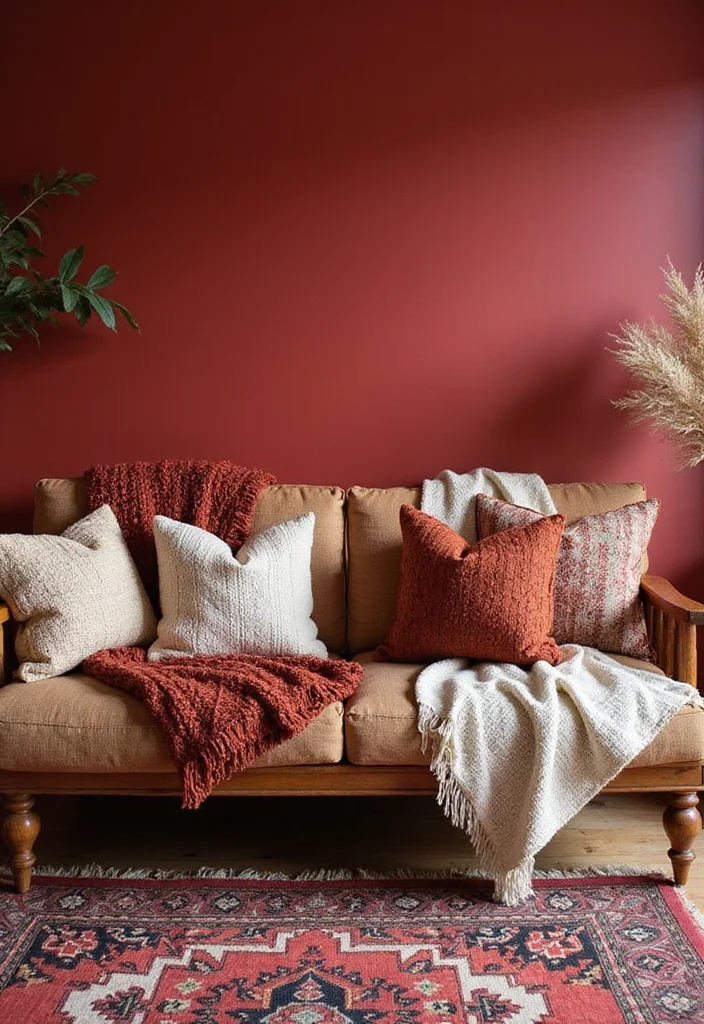 10 Red Wall Decor Ideas for Bold Stylish Warmth - 2. Layer Textiles for Cozy Warmth