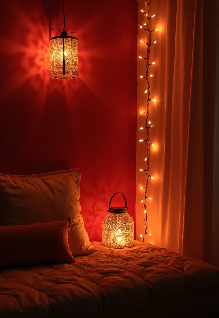 10 Red Wall Decor Ideas for Bold Stylish Warmth - 4. Play with Lighting