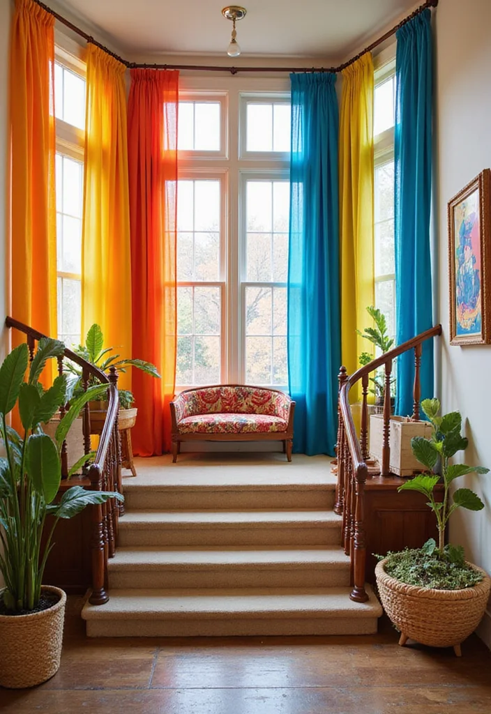 10 Stair Window Curtain Ideas for Challenging Tall Spaces - 6. Colorful Accents