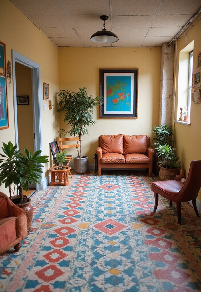 12 Basement Vinyl Flooring Ideas for Durable Easy Care Style - 8. Vinyl with Geometric Patterns