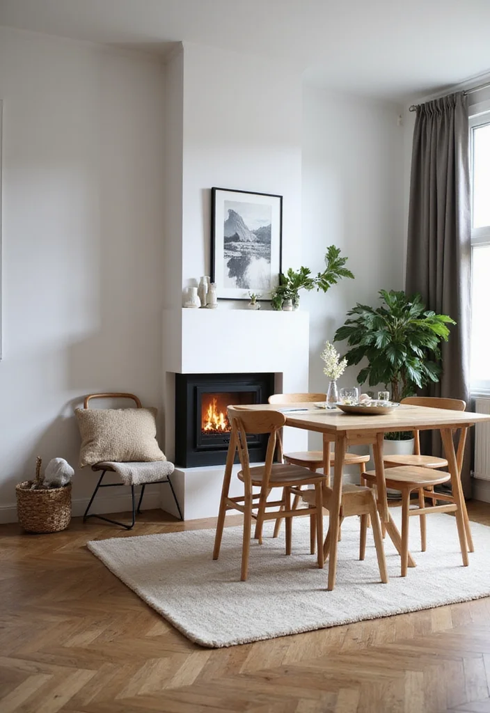 12 Dining Room Fireplace Ideas for Warm Elegant Gatherings - 5. Scandinavian Simplicity with a Bioethanol Fireplace