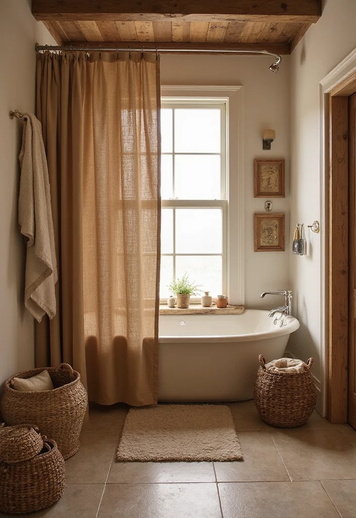 12 Farmhouse Shower Curtain Ideas for Rustic Warm Style - 6. Earthy Tones and Textures