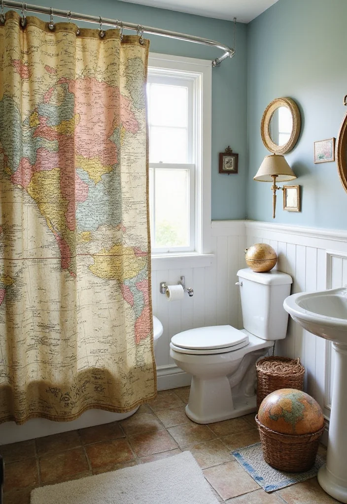 12 Farmhouse Shower Curtain Ideas for Rustic Warm Style - 7. Vintage Map Prints