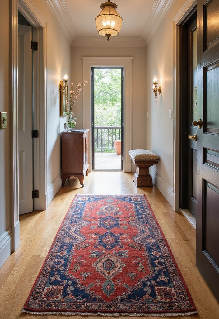 12 Long Hallway Wall Decor Ideas for Visual Interest and Flow - 8. Accent Rugs to Define Space