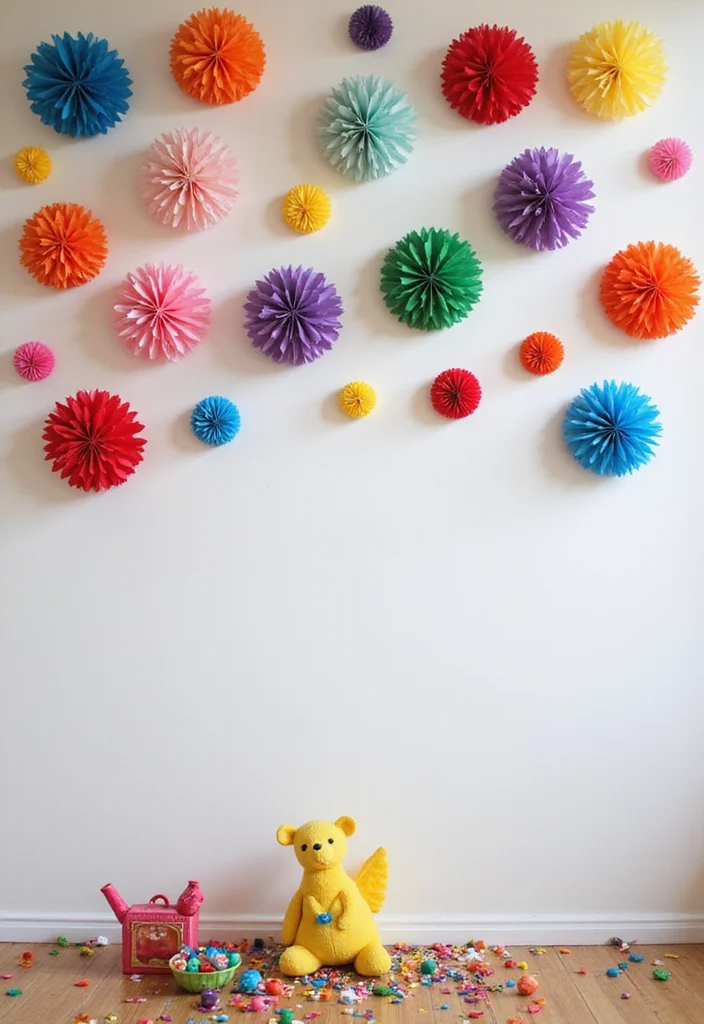 12 Playroom Wall Decor Ideas for Fun Colorful Energy - 8. Colorful Paper Pom Poms
