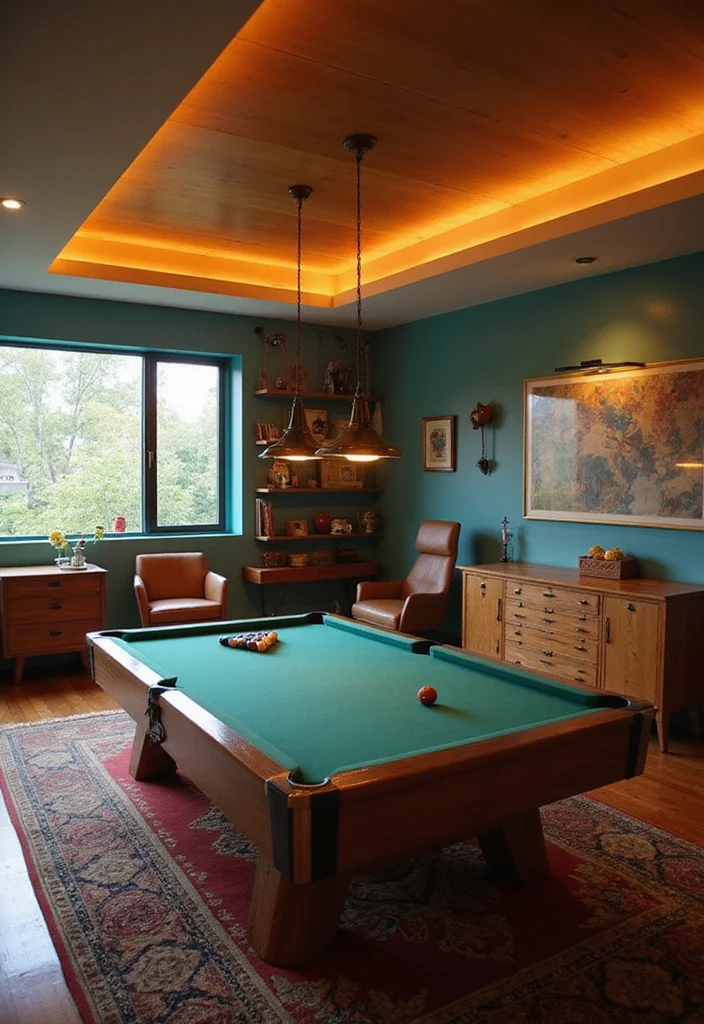 12 Pool Table Basement Ideas for Fun Social Spaces - 1. Retro Vibes with Mid-Century Furniture