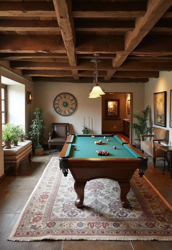 12 Pool Table Basement Ideas for Fun Social Spaces - 2. Rustic Charm with Exposed Beams