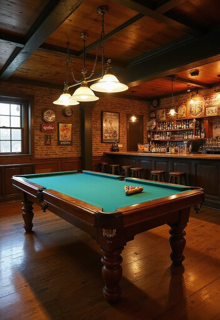 12 Pool Table Basement Ideas for Fun Social Spaces - 3. Vintage Sports Bar Feel