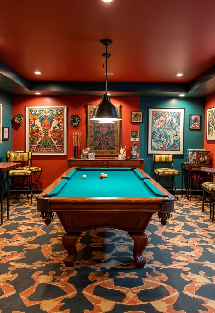 12 Pool Table Basement Ideas for Fun Social Spaces - 4. Bold Color Schemes
