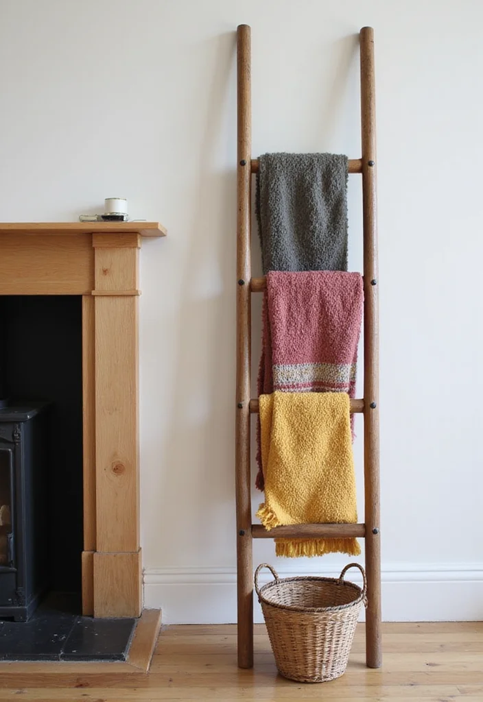 12 Side of Fireplace Ideas for Storage and Visual Balance - 3. Decorative Ladder for Throws
