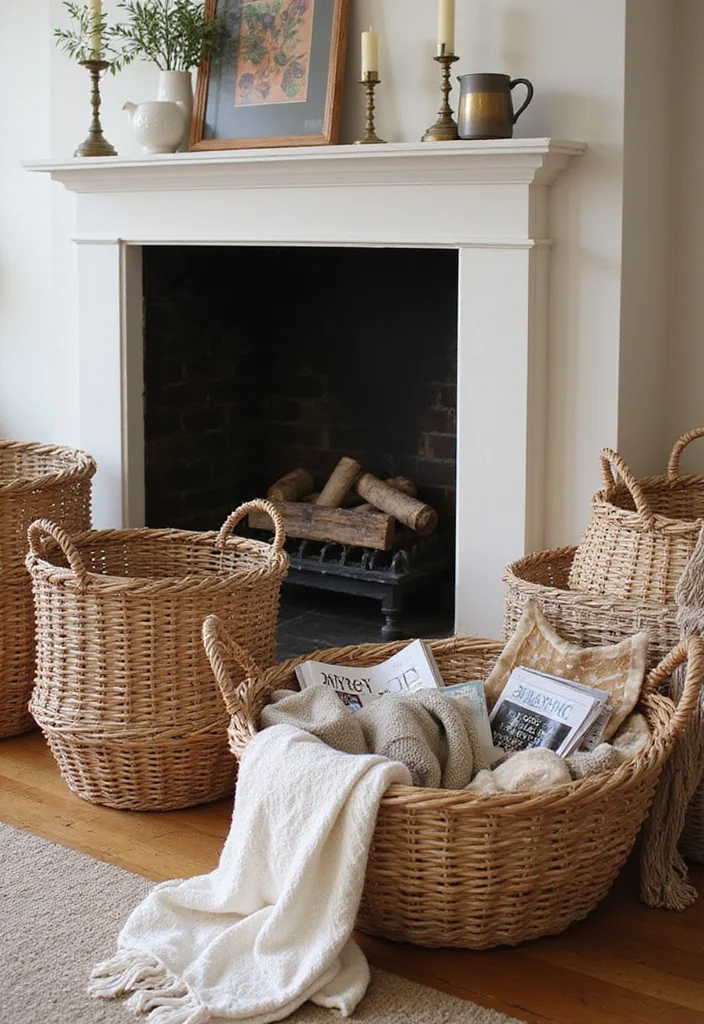 12 Side of Fireplace Ideas for Storage and Visual Balance - 5. Wicker Baskets for a Natural Touch